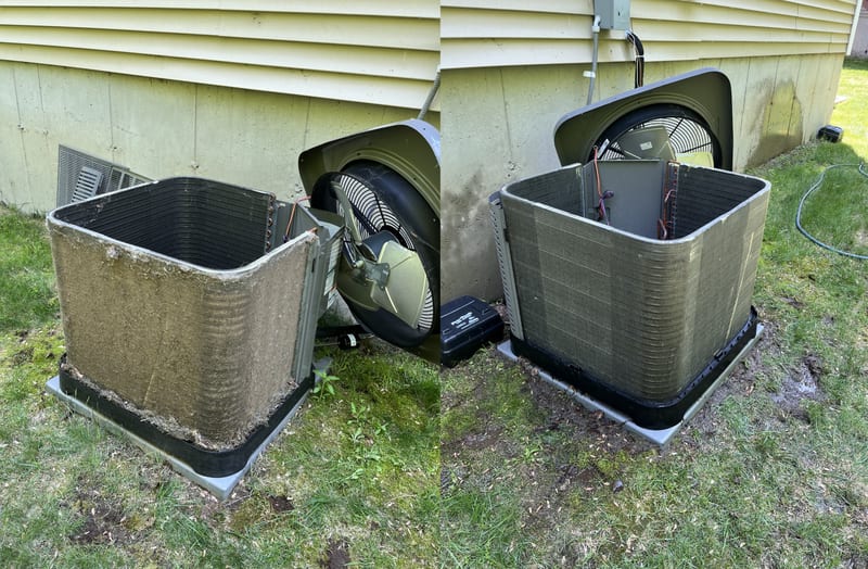 Outdoor condenser cabinet lifted off to show a coil clogged with debris before cleaning
